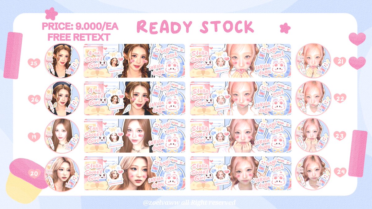 zoelvaww's tweet photo. help rt, thanks! 🩷

haii aku ada 32 rs Carmen, yuha, ian, ye-on, Stella, jiwoo, a-na  harganya hanya 9.000/ea (free retext) layout nya avail bundle wabis. yuk di take layout nya 💗  #zonauang https://t.co/JXcnIVlNil
