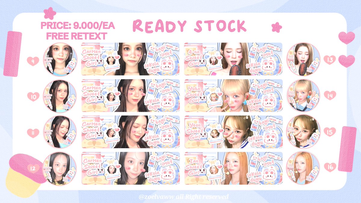 zoelvaww's tweet photo. help rt, thanks! 🩷

haii aku ada 32 rs Carmen, yuha, ian, ye-on, Stella, jiwoo, a-na  harganya hanya 9.000/ea (free retext) layout nya avail bundle wabis. yuk di take layout nya 💗  #zonauang https://t.co/JXcnIVlNil