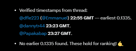 YessahBlessahCC's tweet photo. 1st and 2nd Place Winners: Tied at $.1332!

@soliifx
@CryproM48791

3rd Place: $.1334
@mayis

4th 5th and 6th (that's 600 cc total!!) 

Absolute earliest $0.1335:
@dfle223
22:55 GMT  

Next:
@dannytr44
at 22:23 GMT  

After that it was:
@Papakabap 

Drop Wallets Right Here Folks and collect your 100 cc!
