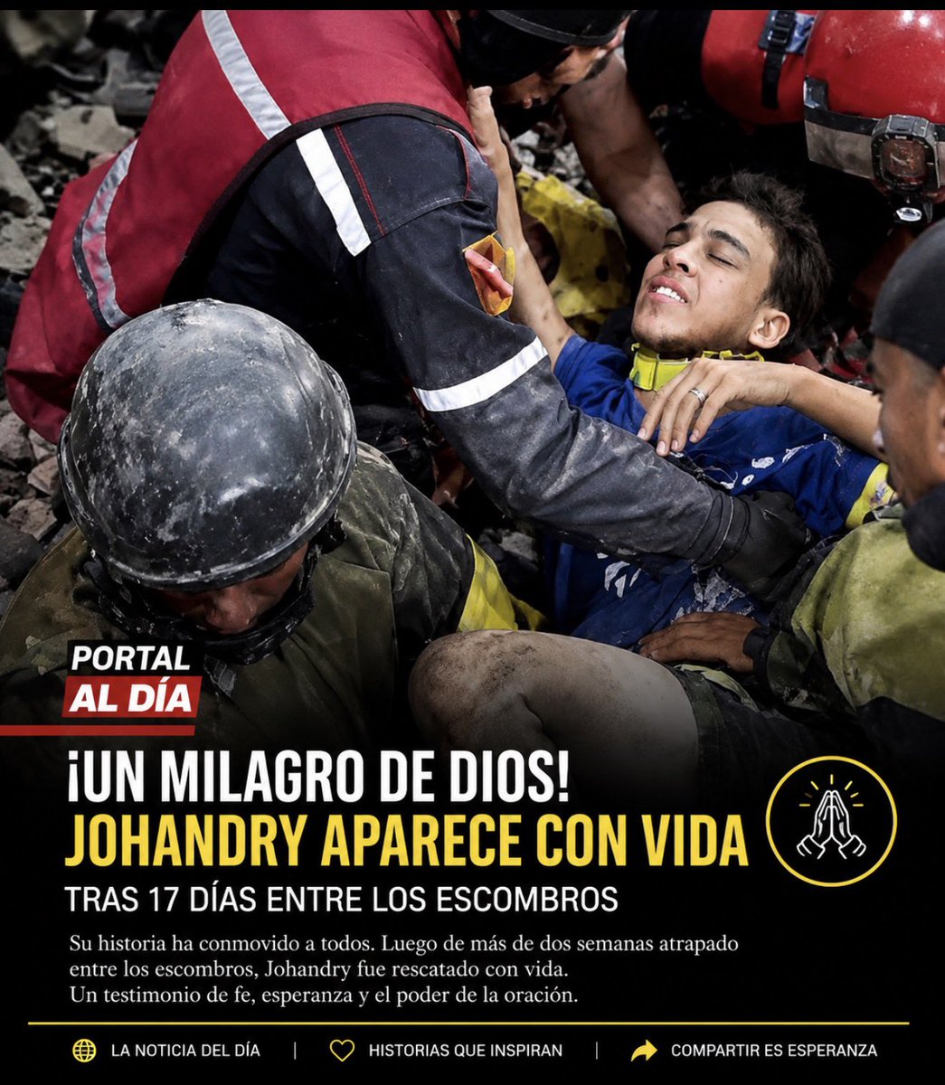 portalaldia's tweet photo. JOVEN DE 21 AÑOS FUE RESCATADO CON VIDA TRAS 106 HORAS BAJO LOS ESCOMBROS EN LA GUAIRA

Una nueva historia de supervivencia devolvió la esperanza a las familias afectadas por los terremotos en Venezuela. Equipos de rescate lograron sacar con vida a un joven de 21 años que permaneció atrapado durante aproximadamente 106 horas entre los restos de una edificación colapsada en el estado La Guaira.

El rescate ocurrió luego de varios días de labores ininterrumpidas en una zona marcada por la destrucción, los constantes movimientos posteriores y el riesgo de nuevos derrumbes. Los rescatistas avanzaron cuidadosamente entre bloques de concreto y estructuras inestables hasta alcanzar al joven y trasladarlo para recibir atención médica.  

Las imágenes muestran el momento en que los trabajadores de emergencia lo sostienen y lo preparan para ser evacuado. Aunque se encontraba debilitado por las largas horas sin acceso normal a agua, alimentos ni atención médica, fue encontrado con vida.

La noticia provocó emoción entre los presentes y se convirtió en un símbolo de esperanza para quienes todavía aguardan información sobre familiares desaparecidos. La posibilidad de encontrar sobrevivientes disminuye considerablemente después de las primeras 72 horas, por lo que este rescate fue recibido como un hecho extraordinario.  

Los organismos de emergencia y grupos voluntarios continúan removiendo escombros y revisando las estructuras afectadas, mientras las familias permanecen cerca de las zonas de búsqueda, aferradas a la posibilidad de recibir buenas noticias.

#Venezuela #LaGuaira #Rescate #Sobreviviente #Terremoto #Esperanza #Noticias