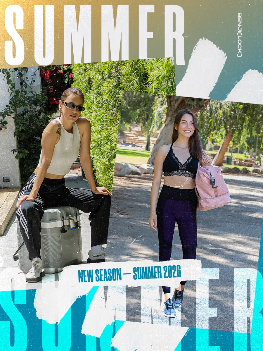 Two female models showcase BenjiLock products during a summer outdoor adventure. One model wearing sunglasses sits on top of a cooler secured with a stainless steel BenjiLock, while the other smiles in a park with a backpack featuring a BenjiLock Sport lock. The image highlights stylish summer experiences, outdoor exploration, and smart security on the go.