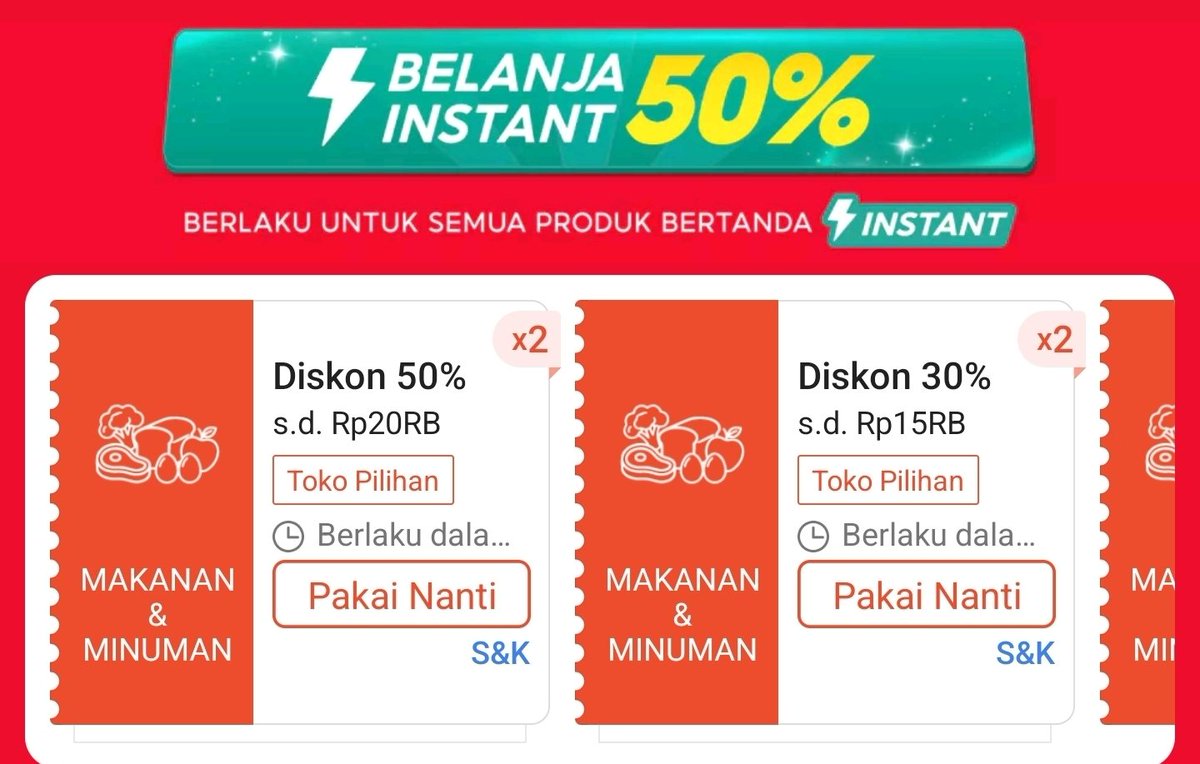 byssaaa_'s tweet photo. Voucher Makanan &amp; Minuman 50% &amp; 30%
🗓 13-19 Jul
⏰️ 09:00

📌 Khusus pengiriman instant

Cari produknya di sini
https://t.co/PyInVlDwin https://t.co/S3YRCphyvv