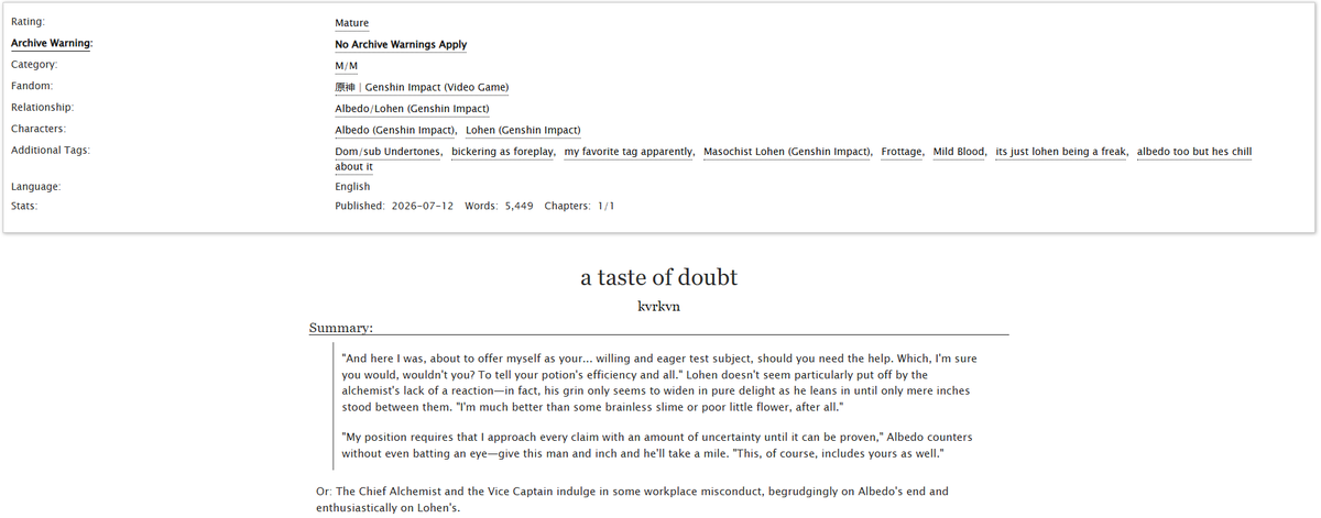 kvrkvn's tweet photo. a taste of doubt
#albehen #lohebedo

→ rated m
→ 5k words
→ one shot
hello to the 2 other albedo/lohen fans. me writing for gi in the big '26 cause i wanna see my favs go at it whats new
🔗https://t.co/B4dIaHvOc3 https://t.co/5cwccuJcUe