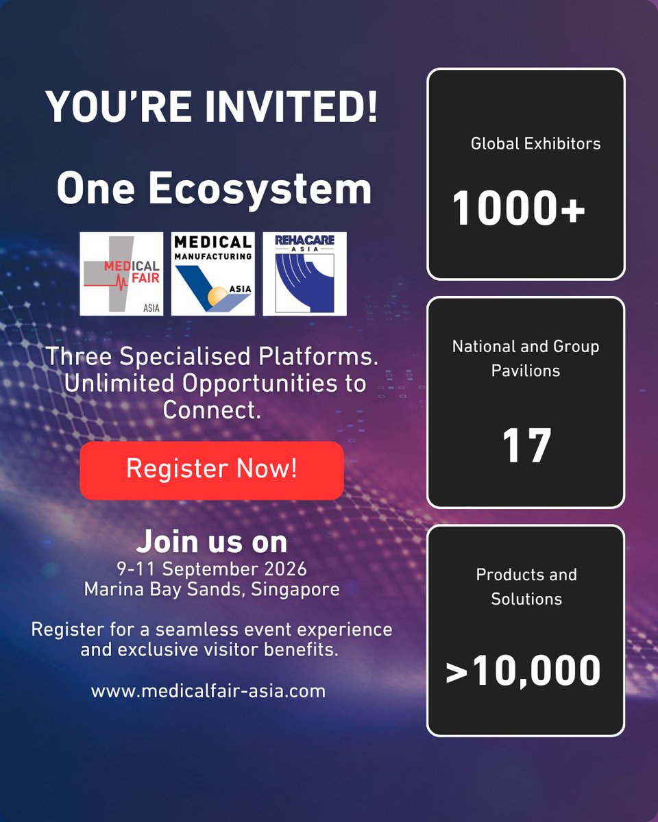 ManufactureAsia's tweet photo. Medical Fair Asia 2026, Southeast Asia's leading medical and healthcare exhibition, will take place 9–11 Sept 2026, bringing together healthcare professionals from around the world.

Register for a complimentary badge: https://t.co/Jj5yWziW74 

#ManufacturingAsia #MedicalFairAsia https://t.co/HpXm7lYiSV