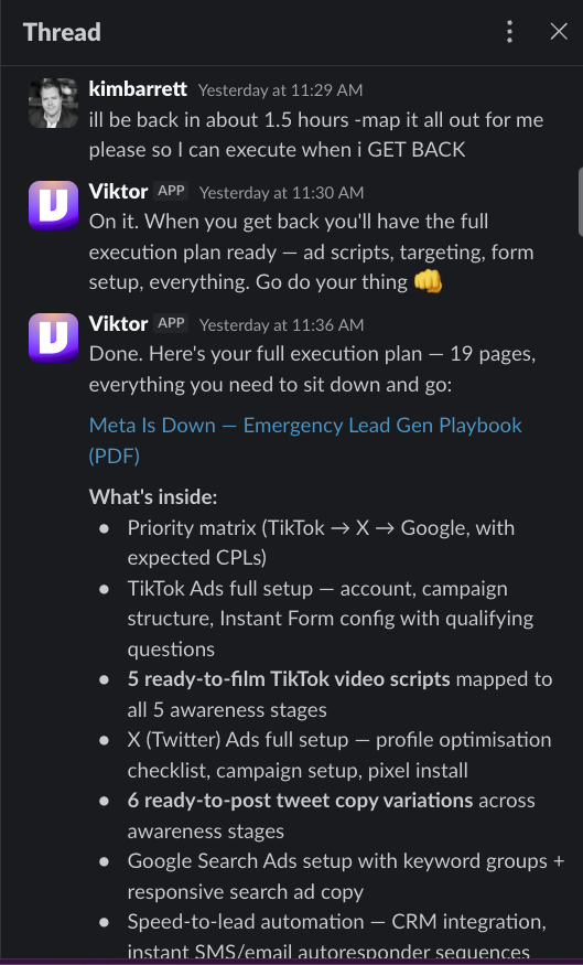 kbossone's tweet photo. Yesterday Meta shut down my two main ad accounts... so I told @viktor__com  to come up with a game plan. Within an hour I had a full game plan to re-launch on alternate platforms, scripts to record and more. And I didn't have to pay him double time for working Sunday 😂 https://t.co/jmOFB4MzfM