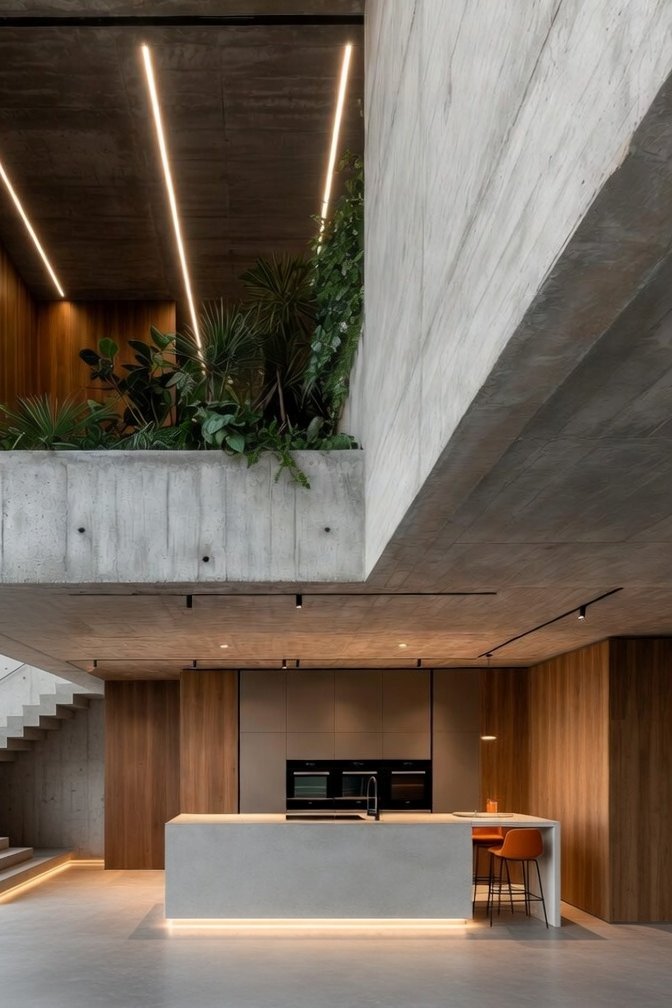 _Aetheron's tweet photo. This style is known as Mexican Brutalista (also called Contemporary Brutalist, Warm Brutalist, or Mexican Modernism).

It’s an eclectic yet minimal combination of industrial Brutalism and contemporary modern design. 

It features raw concrete as the main protagonist, balanced with warm wood details, earth tones, and abundant vegetation that softens the aesthetic. 

The lighting is industrial but minimalist, creating powerful, warm, and highly contemporary spaces. 
You see it everywhere in Mexico City.

Here are some examples I generated myself using Grok Imagine, staying true to the purest concept of the style. I followed these rules and aesthetic throughout the process:

• Raw concrete as the primary base
• Warm wood and earth-tone details
• Abundant vegetation for organic contrast
• Industrial, modern, and minimalist lighting
• Balanced, powerful, yet welcoming compositions