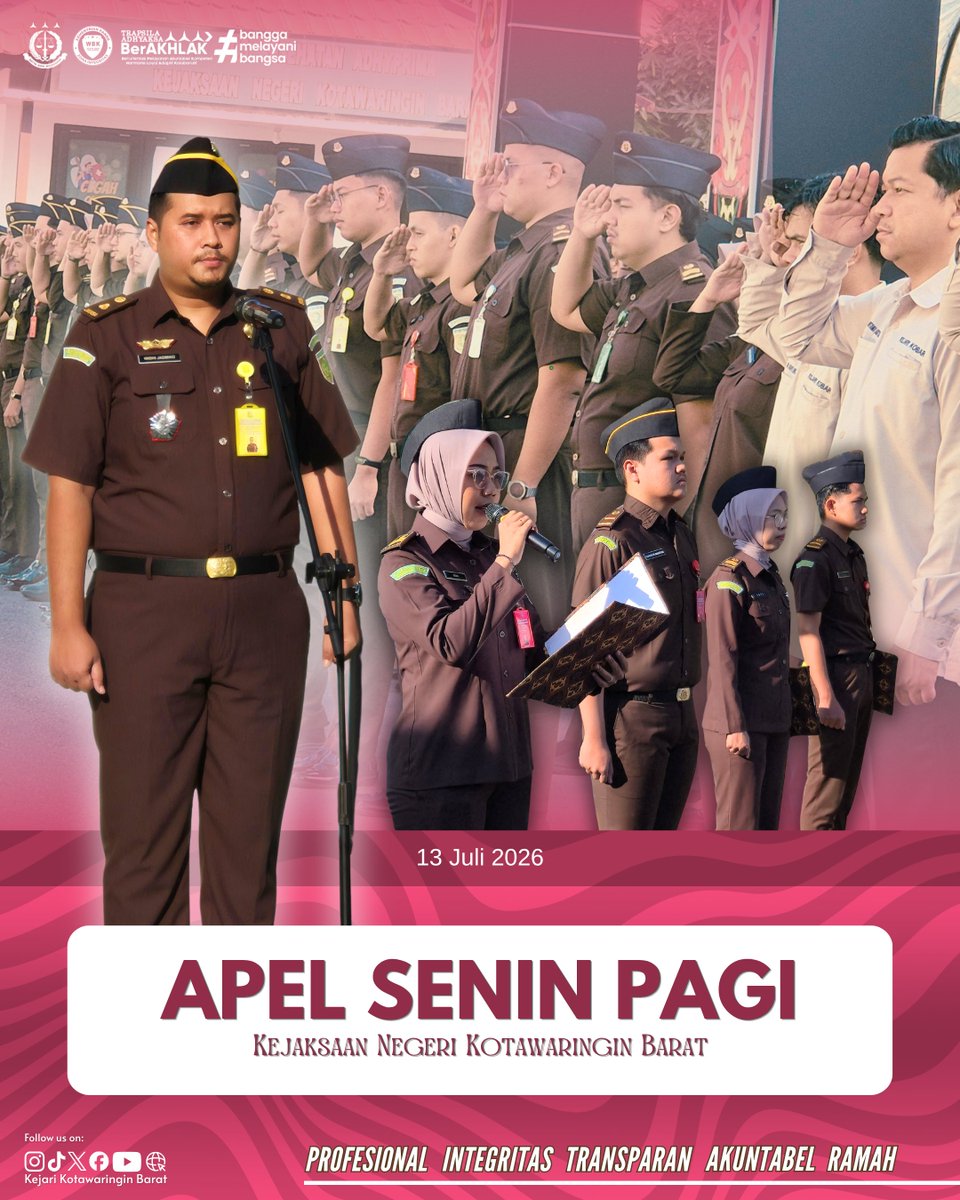 Kejari_Kobar's tweet photo. Senin, (13/07/2026), Kejaksaan Negeri Kotawaringin Barat melaksanakan Apel Senin Pagi dengan Kepala Seksi Perdata dan Tata Usaha Negara, Bapak Widhi Jadmiko, S.H., M.H., bertindak sebagai pembina apel. Kegiatan ini diikuti oleh seluruh pegawai Kejaksaan Negeri Kotawaringin Barat. https://t.co/HYsWoj2mJS