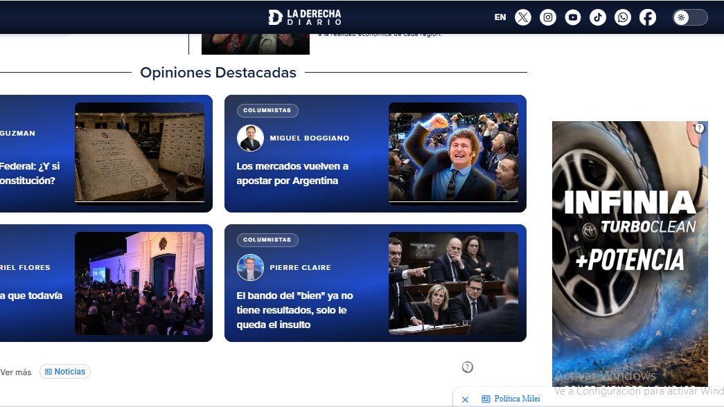 marianoobarrio's tweet photo. LA PAUTA QUE RECIBE DE YPF "LA DERECHA DIARIO" Y EL PORTAL https://t.co/l0mps0MdQG ES FUNDAMENTAL PARA EL CRECIMIENTO DE LA EMPRESA

Infinia está en el margen derecho de LDD y tambien en el zócalo de la web. Para ellos sobra la pauta de YPF, que necesita mucha promoción entre los lectores de @laderechadiario Ahi maneja YPF Santiago Caputo a través de su inefable alfil, Guillermo Garat.
Pero no es el único medio. En https://t.co/JcWz9psp8p uno de los portales más leídos en La Rioja, por unos 20 tipos aprox, YPF promociona sus productos para llegar con la nafta nacional a esos lugares, donde no la conocen y no saben si cargar YPF Infinia o Shell. 
La particularidad de https://t.co/JcWz9psp8p es que el aviso de YPF tapa toda la portada, o sea digamos que si queres leer una noticia tenes que sacar el auspicio. Pero si lo sacás, algo casi imposible, no pude, abajo hay otro aviso de YPF... Desopilante.
