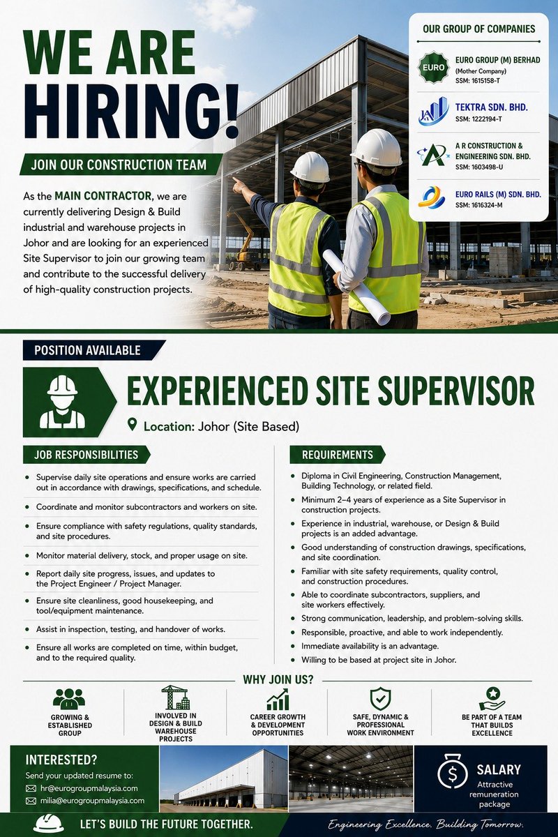 IzzAzizs's tweet photo. Happy Monday, all!

Jobseekers, we're hiring 📠 Site Clerk, 🚧 Site Supervisor &amp; 🧑‍🔧 M&amp;E Engineer for a warehouse project in Johor Bharu.

👉 Full time positions
👉 To be based in Johor Bharu

Apply now @ hr@eurogroupmalaysia.com https://t.co/ZczO8R82YE