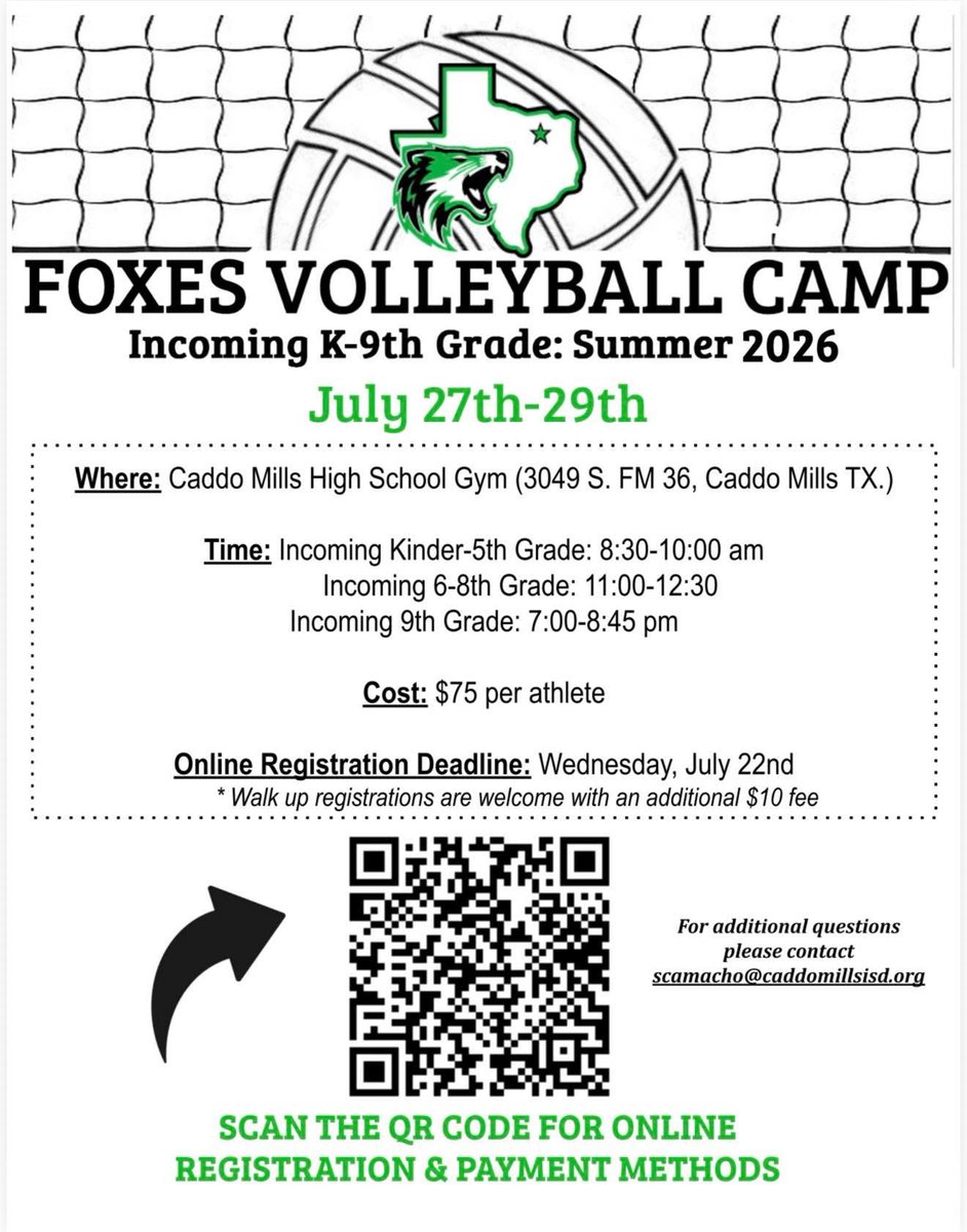 CaddoVolleyball's tweet photo. ‼️ ONLY 10 DAYS LEFT FOR EARLY REGISTRATION ‼️

✨ Sign up now to avoid the $10 late registration fee after July 22nd! ✨

💚🏐 We can’t wait to see all of our future Foxes! 🦊 It’s going to be an absolute BLAST! https://t.co/p4v8yuUGxr