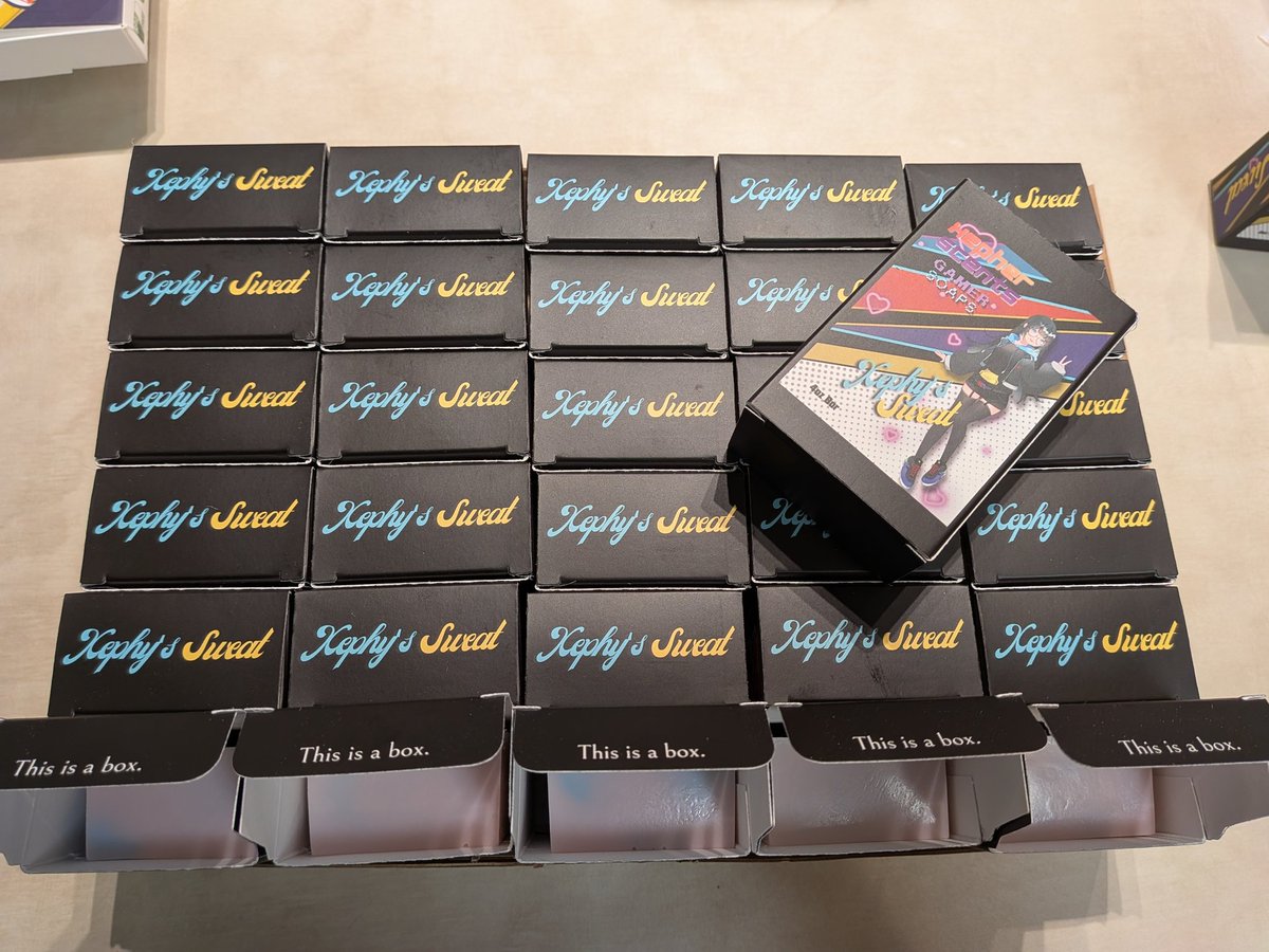 XepherArcade's tweet photo. Tons of Xephy Sweat soap bars made and ready for Offkai!

Some people sell bath water,
Some sell socks,
We sell our vtuber's sweat 😰 https://t.co/1eS2tigiSJ