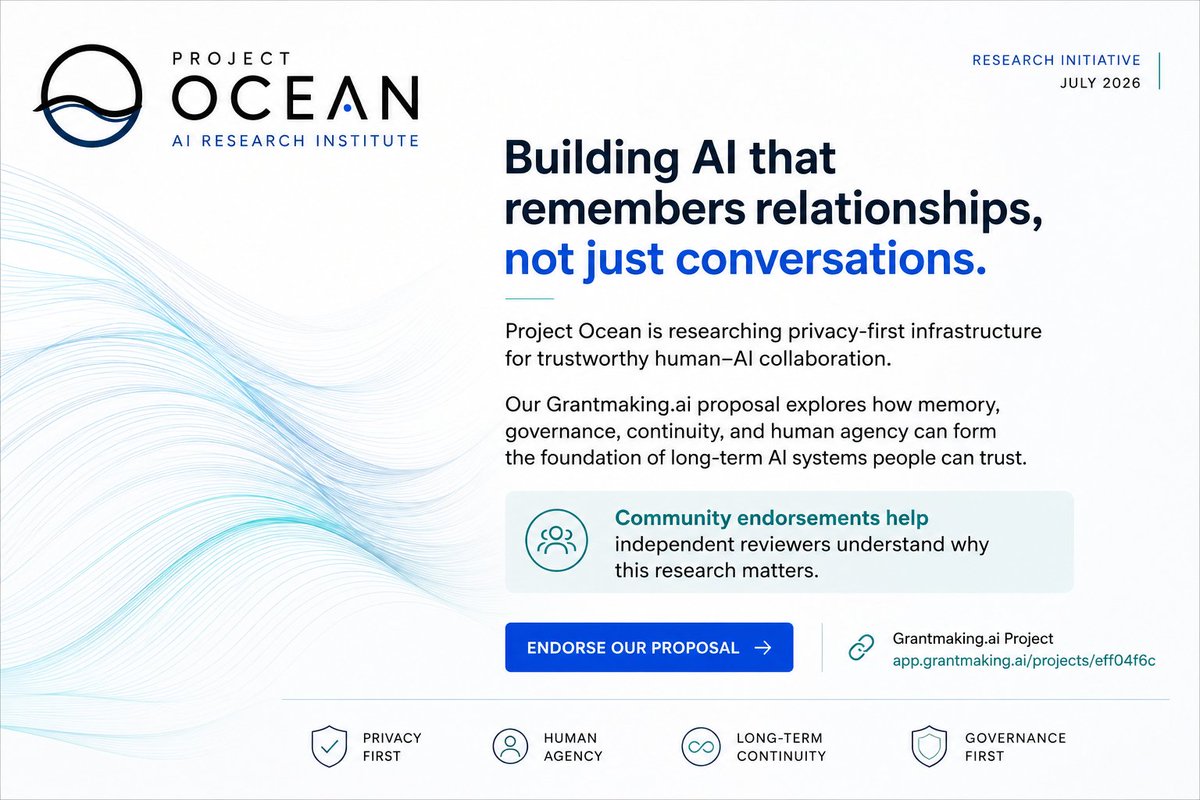 projectoceanAI's tweet photo. Can humans and AI truly coexist?

That's the question driving Project Ocean.

We're researching the architectural foundations for trustworthy human–AI collaboration, where privacy, memory, governance, continuity, and human agency are built into the system from the beginning.

If this vision resonates with you, I'd be grateful for your endorsement.

ENDORSE THE PROPOSAL ↓
https://t.co/bVOiLijyMf

#AI #ArtificialIntelligence #TrustworthyAI #AIResearch #ProjectOceanAI