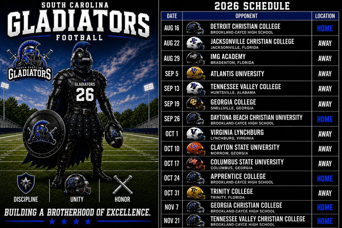 CoachRCSmith's tweet photo. Why become a Gladiator?

✅ Great Coaching
✅ Prime Location
#️⃣ 14-GAME SCHEDULE
✅ Maximum Exposure
✅ High-Level Training

You won't find another college schedule like this anywhere in the country at any level ⚔️⚔️⚔️ https://t.co/fvNnenhNYR