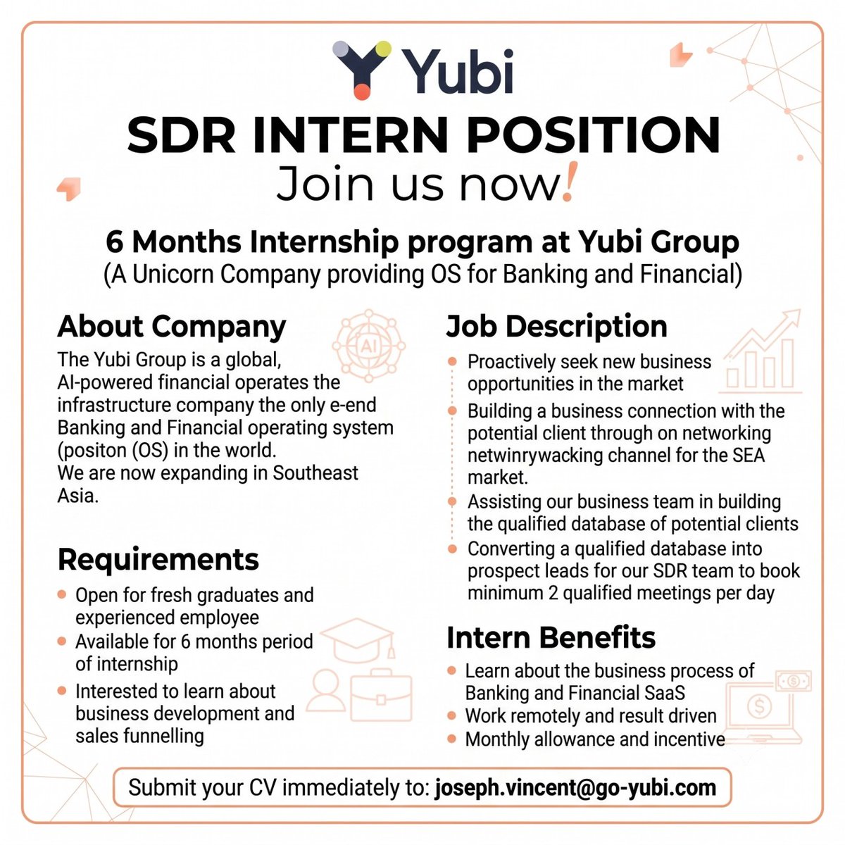 CDCUIcareer's tweet photo. #InternshipVacancy Yubi Group (CredAvenue Pte Ltd.)
We are hiring
SDR Intern Position
Join us now!
6 Months Internship program at Yubi Group (A Unicorn Company Provides OS for Banking and Financial)
#infomagang #lowonganmagang https://t.co/hbmw9twkOV