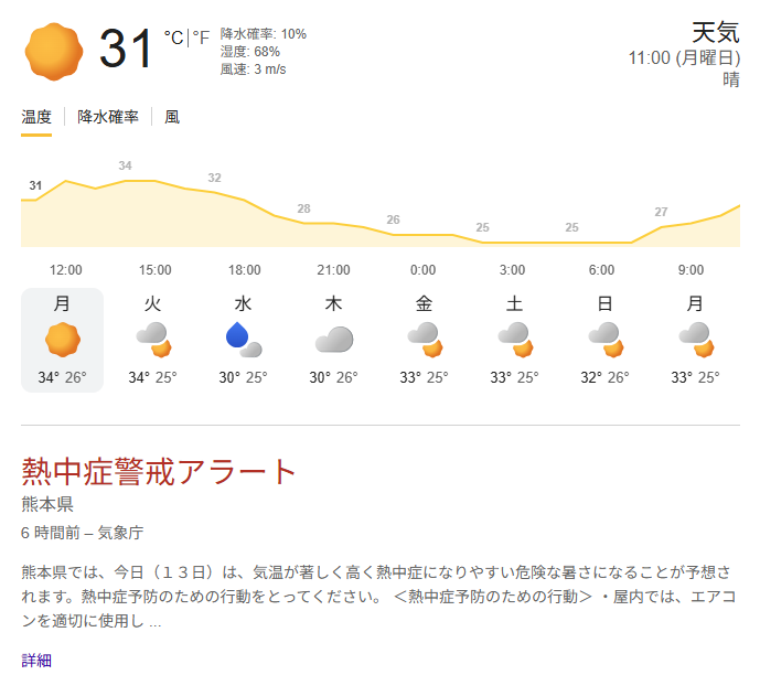 nskw_printing's tweet photo. ＼おはようございます～／

熊本市北区は晴れ🌞
現在の気温は31°Cです💦
熊本県には「熱中症警戒アラート」も発表されています。

“危険”な暑さとなっていますので、油断せずしっかり対策を行っていきましょう！

#企業公式が毎朝地元の天気を言い合う 
#企業公式相互フォロー https://t.co/vUUB7eBTuv