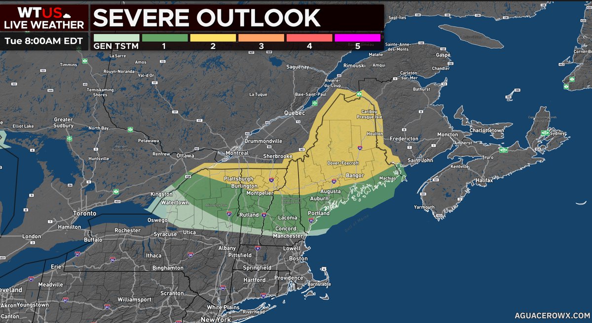 weathertrackus's tweet photo. Severe weather remains possible across parts of New England on Tuesday.

There remains a considerable amount of uncertainty regarding the timing, coverage and mode of storms, but all hazards appear possible.
It's likely as of now the greatest threat of tornadoes may be in Southern Quebec, with a more organized line moving into New England, producing mostly damaging winds.
However, if the line remains broken with more discrete supercells, the tornado threat will remain fairly elevated with the presence of strong instability and wind shear, even into the evening.