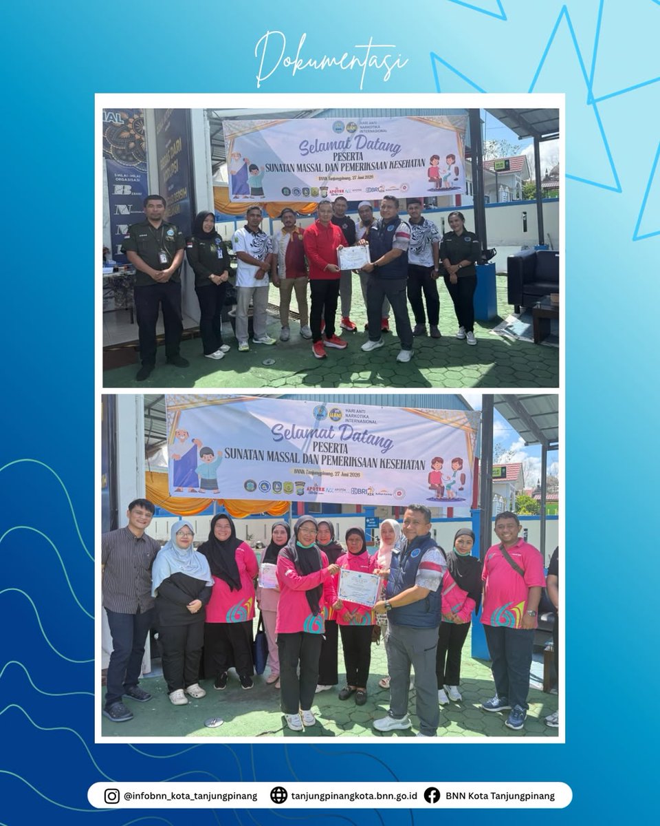 bnnktpi's tweet photo. 27 Juni 2026 | Hari Anti Narkotika Internasional (HANI) 2026

Dalam rangka memperingati Hari Anti Narkotika Internasional 2026, telah dilaksanakan kegiatan Sunatan Massal dan Pemeriksaan Kesehatan sebagai bentuk kepedulian serta pengabdian kepada masyarakat.
#BNNKOTATANJUNGPINAG https://t.co/HPwZB9cidT
