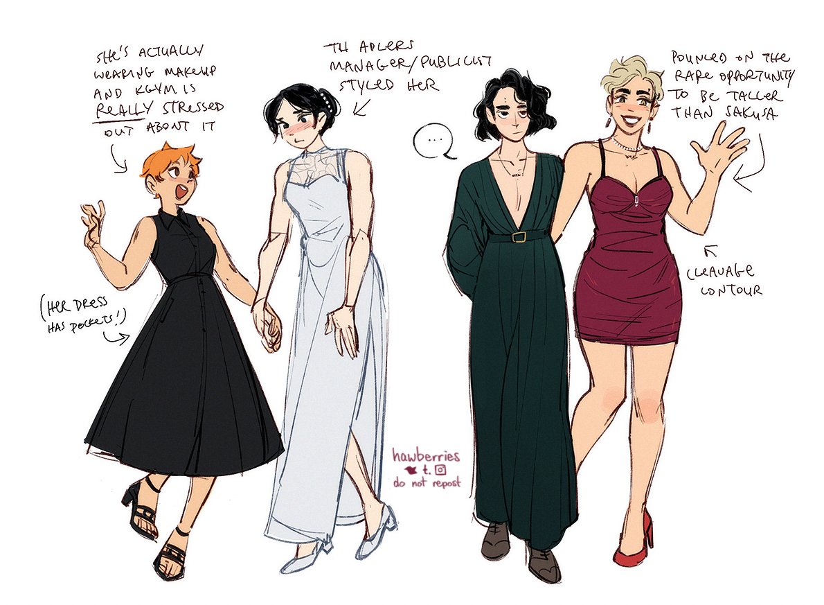 hawberries_'s tweet photo. [HQ!! • rule63] one of my indulgences when im  drawing characters as girls is to immediately inflict eveningwear on  them, so here's msby + schweiden + their plus-ones at some manner of  gala, or a V-league event perhaps? whatever it is, they needed to be  fancy! :) https://t.co/kDAKcYIvFu