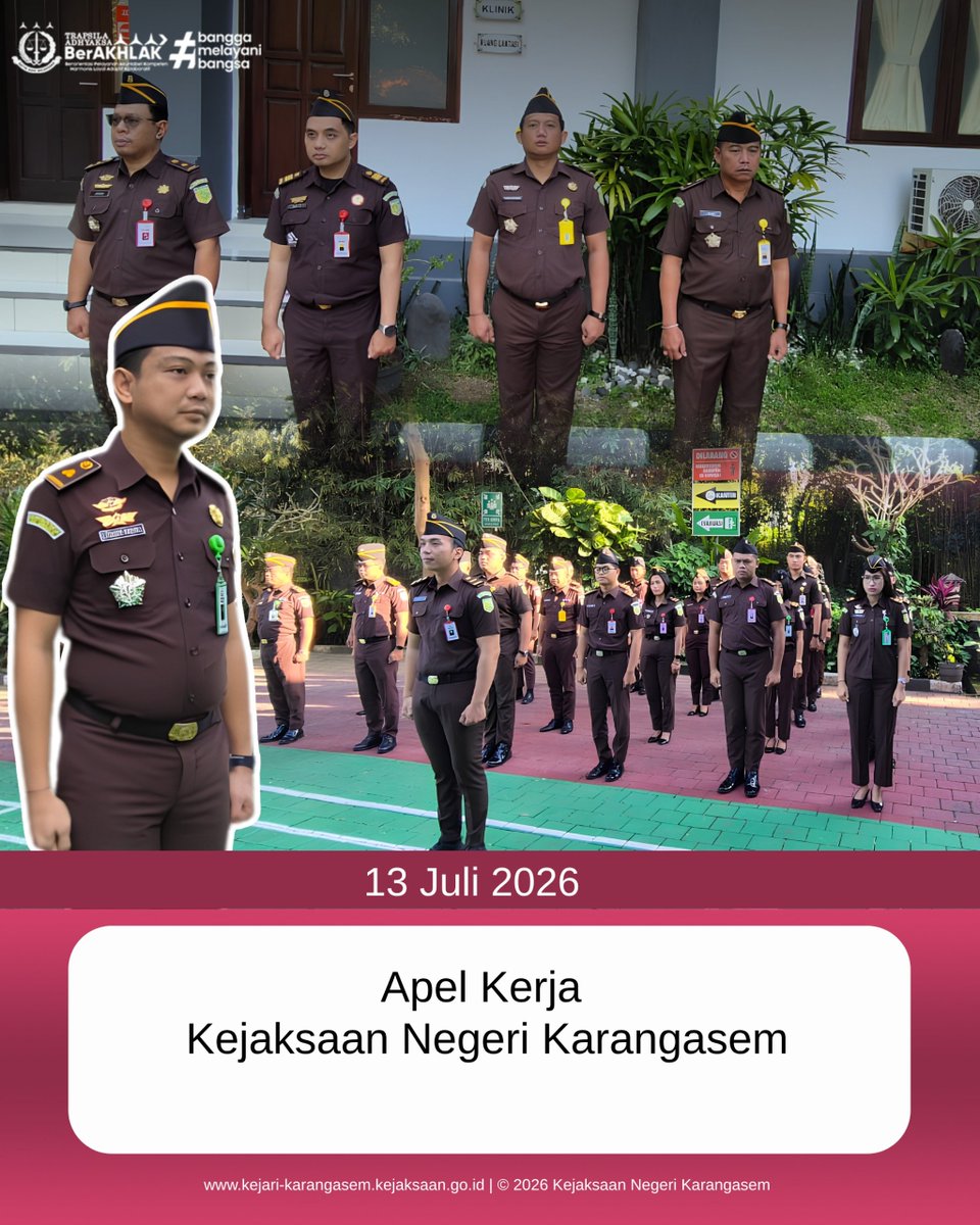 knkarangasem's tweet photo. Senin, 13 Juli 2026, pukul 07.30 WITA, Kejaksaan Negeri Karangasem melaksanakan apel kerja rutin yang bertempat di lapangan Kantor Kejaksaan Negeri Karangasem. Kegiatan ini dipimpin oleh Kepala Seksi Intelijen, Ferdy Arya, dan diikuti oleh pegawai Kejaksaan Negeri Karangasem https://t.co/sEPybYBLkB
