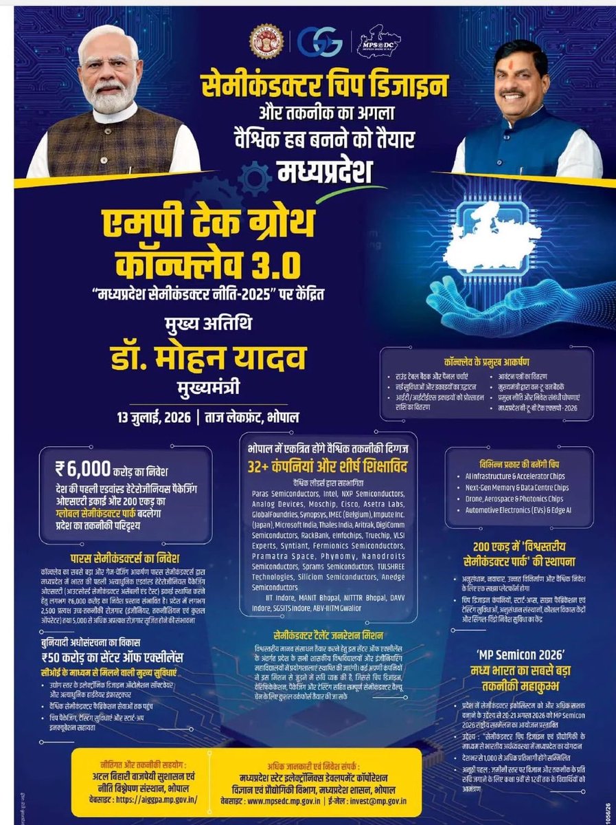 JansamparkMP's tweet photo. सेमीकंडक्टर चिप डिजाइन और तकनीक का अगला वैश्विक हब बनने को तैयार ‘मध्यप्रदेश’
मुख्यमंत्री डॉ. मोहन यादव ‘एमपी टेक ग्रोथ कॉनक्लेव 3.0’ का करेंगे शुभारंभ
🗓️ 13 जुलाई, 2026
📍#भोपाल
@DrMohanYadav51 #MPTechGrowthConclave #JansamparkMP https://t.co/ijNMQ4ovQc