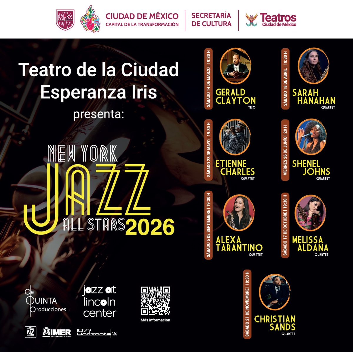 GobCDMX's tweet photo. 🎷 El mejor jazz llega al majestuoso Teatro de la Ciudad Esperanza Iris, en el corazón de la #CapitalDeLaTransformación. 🌆✨

Consulta la programación del ciclo New York Jazz All Stars 2026 y vive la experiencia de grandes exponentes de este género. 🎶

📌 Más información en: @CulturaCiudadMx