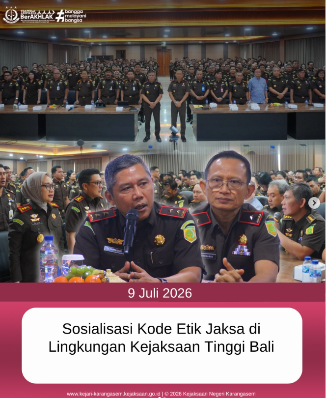 knkarangasem's tweet photo. Kamis, 9 Juli 2026, Kepala Kejaksaan Negeri Karangasem, Shinta Ayu Dewi RR, S.H., M.H., didampingi para Kepala Seksi (Kasi) dan Jaksa Fungsional Kejaksaan Negeri Karangasem mengikuti Sosialisasi Kode Etik Jaksa yang diselenggarakan oleh Kejaksaan Tinggi Bali. https://t.co/dy5Ge00zo3