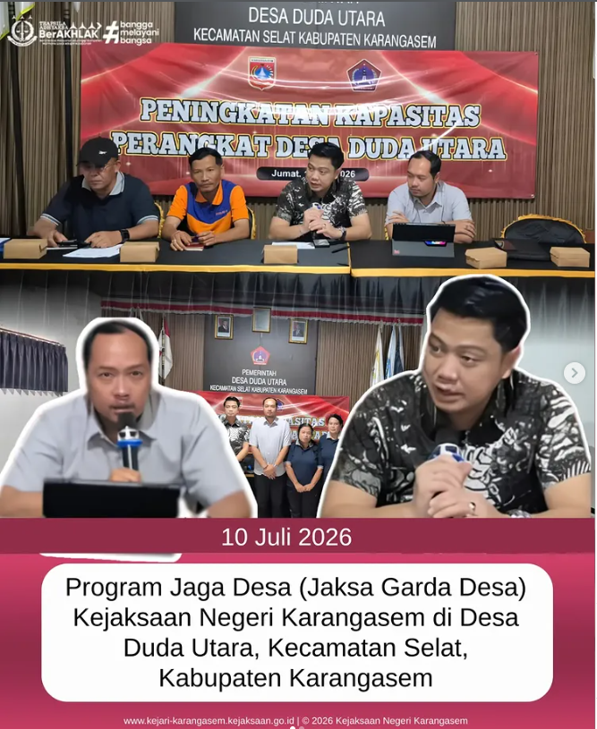 knkarangasem's tweet photo. Jumat, 10 Juli 2026 Kejaksaan Negeri Karangasem melalui Seksi Intelijen melaksanakan kegiatan Program Jaga Desa (Jaksa Garda Desa) di Aula Kantor Desa Duda Utara, Kecamatan Selat, Kabupaten Karangasem https://t.co/HDvsrZltGv