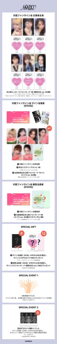MAKESTAR_JAPAN's tweet photo. [⭐️東京対面サイン会＆ユニットフォト会⭐️]
NMIXX 5TH EP [Heavy Serenade] FANSIGN&UNIT PHOTO EVENT IN TOKYO  オープン❗️

[対面サイン会]
🔍 応募者全員：未公開メッセージフォトカード（観察日記 ver. 全6種）
🍉当選者全員：当選者限定未公開フォトカード（スイカ ver. 全6種)

[ユニットフォト会]
📱ユニットフォト会応募者全員：未公開フォトカード（ビデオ通話 ver. 全6種）

📅2026.07.13~07.18 23:59 (JST/KST)
🔗https://t.co/5z59fR585t

📌イベント日：8/6(木)
1部 対面サイン会 ▶ 計 100名 (サイン当選者50名、観覧当選者50名)
2部 ユニットフォト会 ▶ 計 36名 (各ユニット12名) 

#NMIXX #엔믹스
#HeavySerenade
#NMIXX_HeavySerenade
#MAKESTAR #メクス #東京対面イベント #サイン会 #フォト会