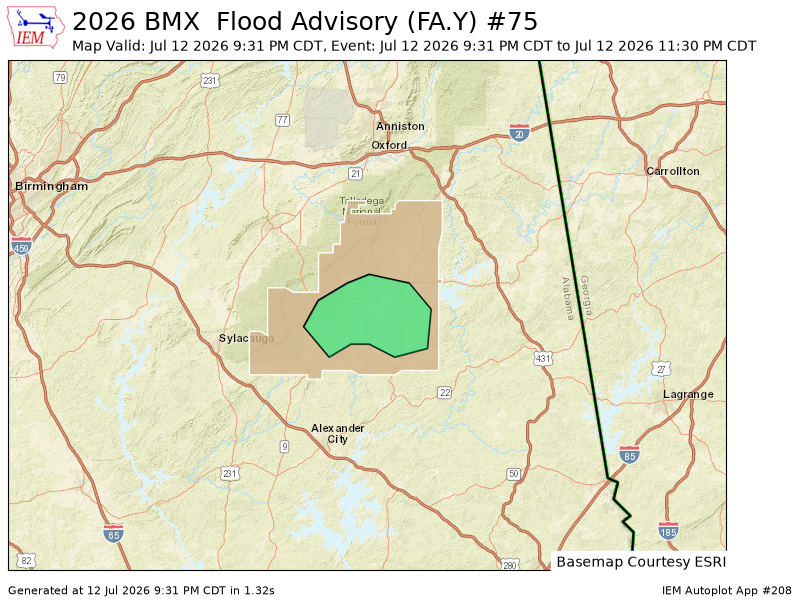 iembot_al's tweet photo. BMX issues Flood Advisory for Clay [AL] till Jul 12, 11:30 PM CDT https://t.co/QGhsRxiaFR https://t.co/eHUVZecS4U