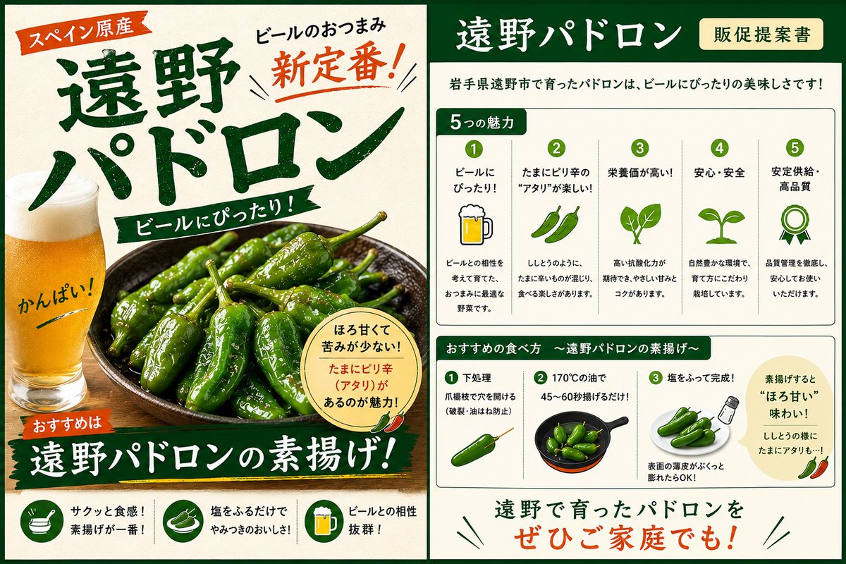 akiba_akidai's tweet photo. 🫑 新しい野菜、入れました。

遠野パドロン。
スペイン原産のとうがらしを、岩手県遠野市で育てています。
ほろ甘くて食べやすい！
でも、たまにピリ辛の「アタリ」が来る。

ししとうみたいなロシアンルーレット感が楽しいんですよ😂笑

素揚げにして塩をふるだけ。
ビールとの相性が抜群です。 https://t.co/nFKQvWnq36
