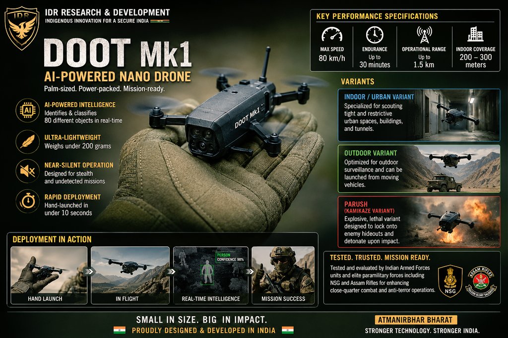 Zest328117's tweet photo. 🚨 India's Indigenous AI Nano-Drone: DOOT Mk1 🇮🇳🛡️

Developed by Indian defence startup IDR Research & Development, the #DOOT Mk1 is a palm-sized, AI-powered nano-drone built for tactical surveillance, close-quarter combat, and counter-terror operations.

Weighing under 200 grams, the drone can identify and classify 80 different objects in real time using onboard AI, giving troops immediate situational awareness without relying on bulky systems.

🧵 Key Features:

🔹 Speed: Up to 80 km/h
🔹 Endurance: Up to 30 minutes
🔹 Range: Up to 1.5 km
🔹 Indoor Coverage: 200–300 metres
🔹 Deployment: Hand-launched in less than 10 seconds
🔹 Near-silent operation for stealth missions

The DOOT Mk1 is available in multiple mission-specific variants:

🏙️ Indoor/Urban Variant – Designed to navigate confined spaces such as buildings, tunnels and urban environments.

🚙 Outdoor Variant – Can be launched from moving vehicles for rapid battlefield reconnaissance.

💥 Parush Kamikaze Variant – An armed loitering version capable of locking onto enemy positions and detonating on impact during precision strike missions.

The system has undergone testing and evaluation by the Indian Armed Forces, including elite formations and paramilitary units such as the NSG and Assam Rifles, to enhance counter-terrorism and close-quarter battle capabilities.

The DOOT Mk1 represents another important step in India's drive for defence self-reliance (Aatmanirbhar Bharat), providing an indigenous alternative to imported nano-UAVs such as the Black Hornet, while integrating AI, stealth, portability and rapid deployment into a compact battlefield platform.

#DootMk1 #IndianArmy #AatmanirbharBharat #Drone #AI #Defence #MilitaryTechnology #MakeInIndia #IndianDefence #Innovation
