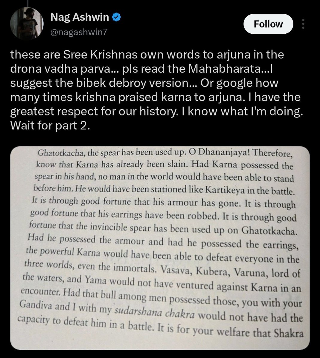 Movies4u_Officl's tweet photo. #NagAshwin breaks his silence on the criticism surrounding Karna's portrayal in #Kalki2898AD.

"I know what I'm doing. Wait for Part 2."

#Prabhas | #KamalHaasan https://t.co/aWgSwyBZyN