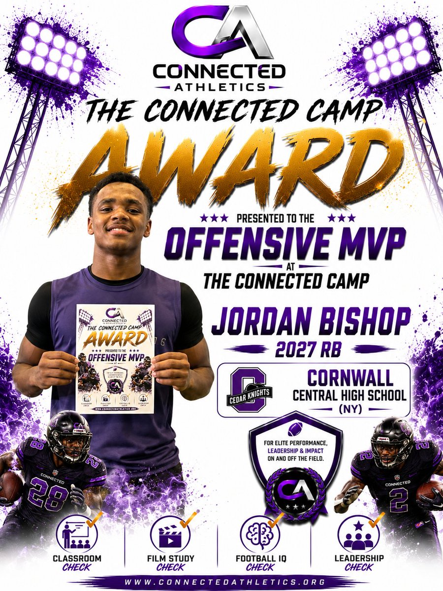 AWilliamsUSA's tweet photo. 🏆 Big plays. Big moments. Big-time MVP.

Congratulations to 2027 RB @J_bishop21 of Eramus Hall High School (NY) for being named Offensive MVP at The Connected Camp!

Jordan separated himself with his explosiveness, vision, football IQ, and ability to make plays every time his number was called. His performance showed exactly what happens when talent meets preparation.

Keep stacking great days. The best is still ahead! 🏈

#ConnectedAthletics #TheConnectedCamp #Studentofthegame #OffensiveMVP #RunningBack #RB #ClassOf2027 #CornwallCentral #NewYorkFootball #FootballIQ #BuiltDifferent #Playmaker #FridayNightLights #RecruitingReady