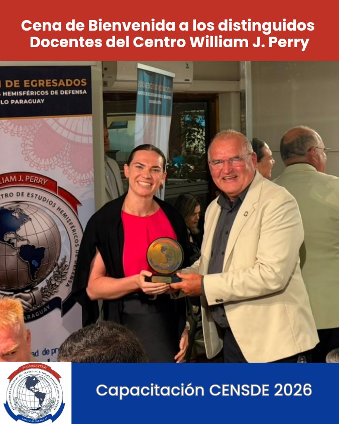 CHDS_py's tweet photo. Cena de bienvenida a los docentes del Centro William J. Perry, quienes llegaron hoy a Paraguay para dictar el curso CENSDE 2026 @iaeeoficial_py

#CentroPerry #CENSDE #EgresadosPerry #Defensa https://t.co/KScBTpcazR