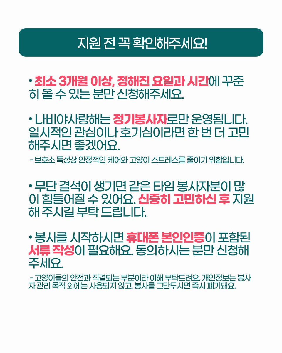 nabiya2007's tweet photo. #나비야사랑해보호소
#나비야사랑해보호소봉사

<모집 요일 및 시간>

▫️월/화/수/목/금 오전
▫️월/화/목/금 저녁

정기 봉사자분들을 충원하고 있으니 많은 지원 바랍니다.

➖️

위치: 용산 신용산역/이촌역 인근

<봉사 시간>

오전 봉사자 입실 : 오전 10시 전후
저녁 봉사자 입실: 오후 6-7시 사이

 <해 주셔야 할 일>

청소 및 물, 사료 급여
고양이 빗질 및 눈 닦아주기 (청소 일이 많아 3시간 가량 소요됩니다)

➖️

▪️나비야사랑해 보호소는 정기 봉사자분들 위주로 운영 되기에 책임감 있게 꾸준히 오시는 것이 가장 중요합니다. 일시적인 관심이나 호기심으로 지원하지 말아주세요.

▪️정기 봉사이므로 정해진 요일, 시간에 책임감을 갖고 최소 3개월 이상 결석 없이 봉사 가능하신 분께서만 신청 부탁드립니다. 보호소 특성상 안정적인 케어와 고양이들의 스트레스를 줄이기 위함입니다. (나비야사랑해는 정기봉사자로만 운영합니다)

▪️무단 결석이 발생하면 같은 타임의 봉사자분들이 매우 힘들어지십니다. 신중히 생각 후 지원해주세요.

▪️ 봉사를 시작하시게 되면 휴대폰 본인 인증 과정이 있는 봉사 서류 작성이 필요합니다. 동의하시는 분만 신청 부탁 드립니다.

▪️고양이의 안전과 직결되는 문제이므로 이해 부탁 드립니다. (개인정보는 봉사관리 이외에는 어떠한 용도로도 사용되지 않으며, 봉사를 그만두시게 되면 즉시 폐기됩니다)

 <봉사 신청 방법>
📢 DM으로 문의 받지 않습니다. 프로필 링크트리의 홈페이지에서 봉사자 모집 공고의 게시글을 통해 봉사신청서를 작성해서 보내주세요!

#나비야사랑해 #고양이보호소 #자원봉사 #사지말고입양하세요 #보호소봉사
#고양이보호소봉사