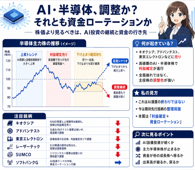 TedBowles2nj's tweet photo. AI・半導体株、少し嫌な動きが出ています。

キオクシア、アドバンテスト、東京エレクトロンなど、
これまで相場を牽引した銘柄に利益確定売り。

ただ、これはAI需要の終了ではなく、
「期待が先行した銘柄の調整」と見る必要があります。 https://t.co/K1h6nuhfTO