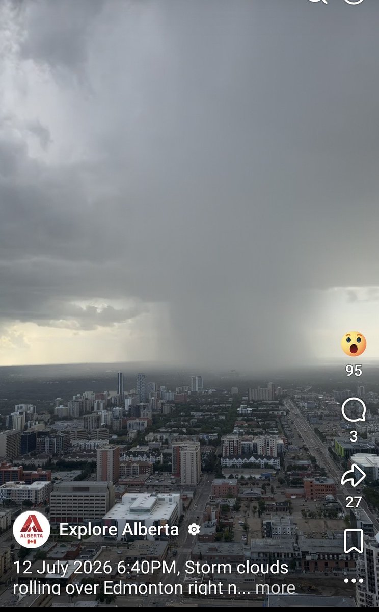 joziestormm's tweet photo. Sunday, July 12th, 2026 6:28-6:49pm Mdt. Storm #19! Extremely isolated cell on the westside. Pea sized hail, gusty winds and 4 strikes of lightning. Post courtesy of Explore Edmonton on facebook #yeg #yegweather #yegwx #abstorm #abwx #abweather https://t.co/4CQ4iohkXh