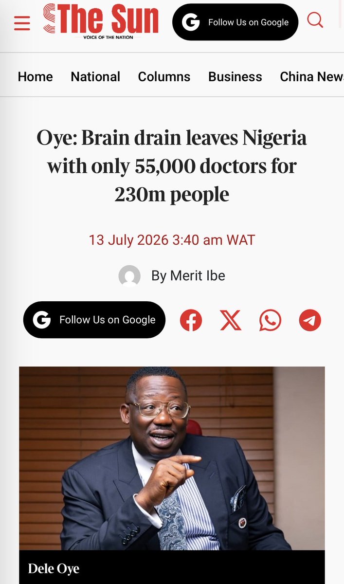 alliance4ethics's tweet photo. 55,000 Doctors, 230 Million Nigerians: The Numbers Behind a Broken System
(Source: The Sun Nigeria)

Read more: https://t.co/KNVT5BlypJ

#AllianceForEthics #BrainDrain #NigerianHealthcare #BrokenWindowsTheory #thesunnigeria #Nigeria #NigeriaNews https://t.co/SwrSAvInwo