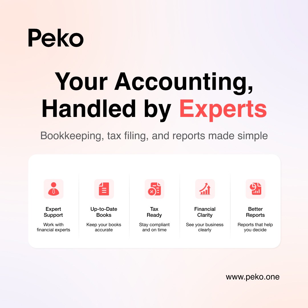 PekoHQ's tweet photo. Accounting should not take time away from growing your business.

With Peko, businesses get expert support for bookkeeping, tax filing, financial reports, expense tracking, cash flow visibility, reconciliation, and more.

Visit https://t.co/Wc7XdCHQ2W to learn more. https://t.co/BLBUHCMx1R