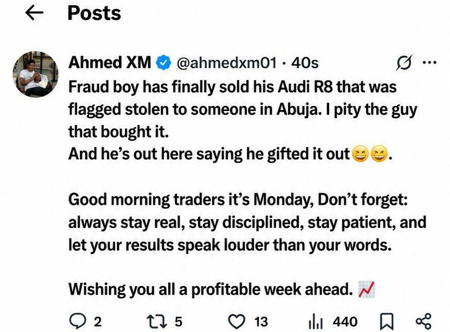 Danielrotachuk2's tweet photo. Ahmed XM has finally responded to Habbyfx
Calling him yahoo boy. 

Week way go sweet na from Ahmed Monday morning post you go first know 😂 https://t.co/RoXfe8EWnt