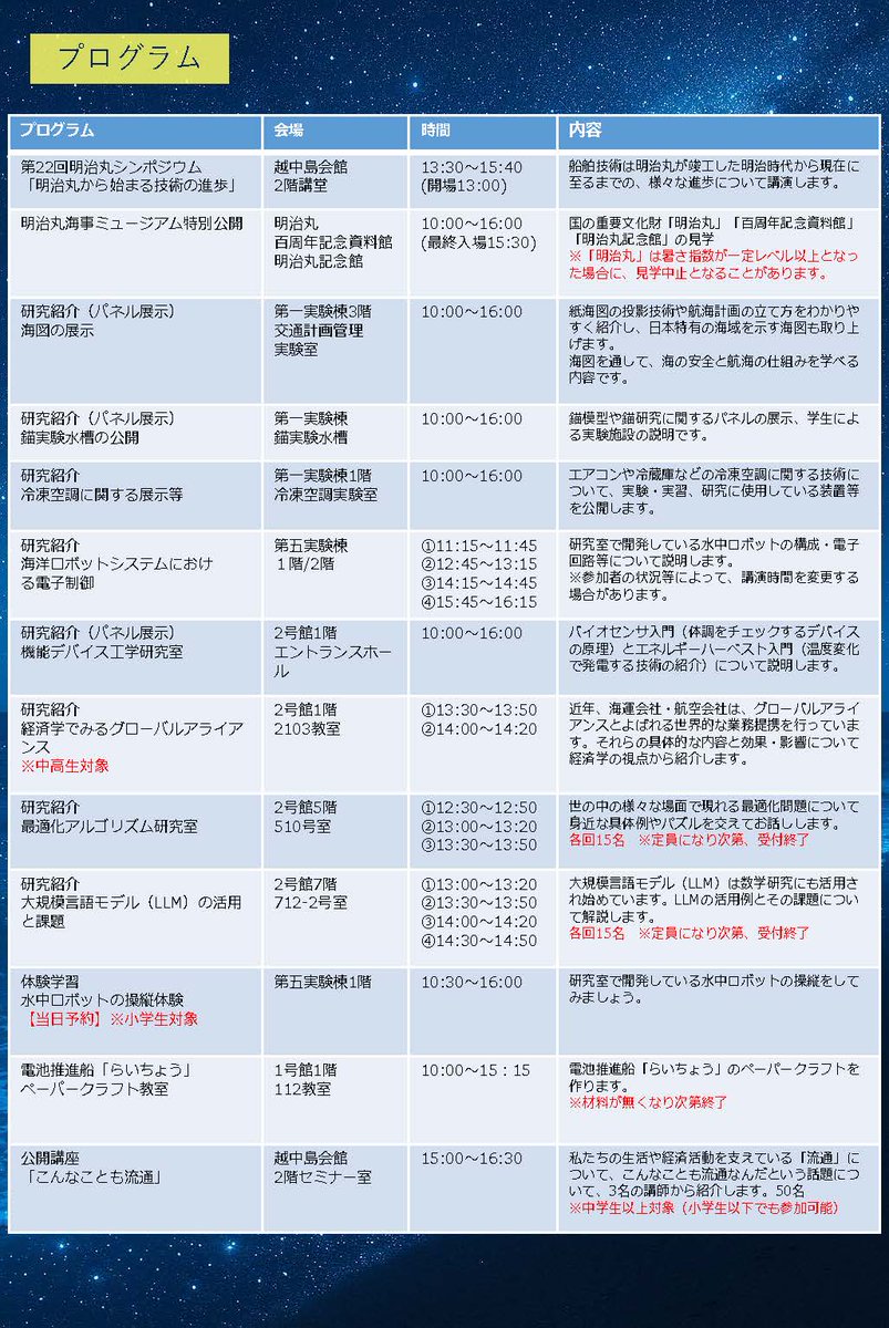 tumsat_official's tweet photo. 【イベント案内🌊】＜一般の方向け＞
7月20日（月・祝）に「#海の日」記念行事を開催します⚓
海の日制定の由来となった重要文化財「#明治丸」に関するシンポジウムや、ミュージアム公開、研究室公開などを実施します。
詳細はこちら⬇️
https://t.co/by592YPDFu
#東京海洋大学 https://t.co/1lL24N2noc
