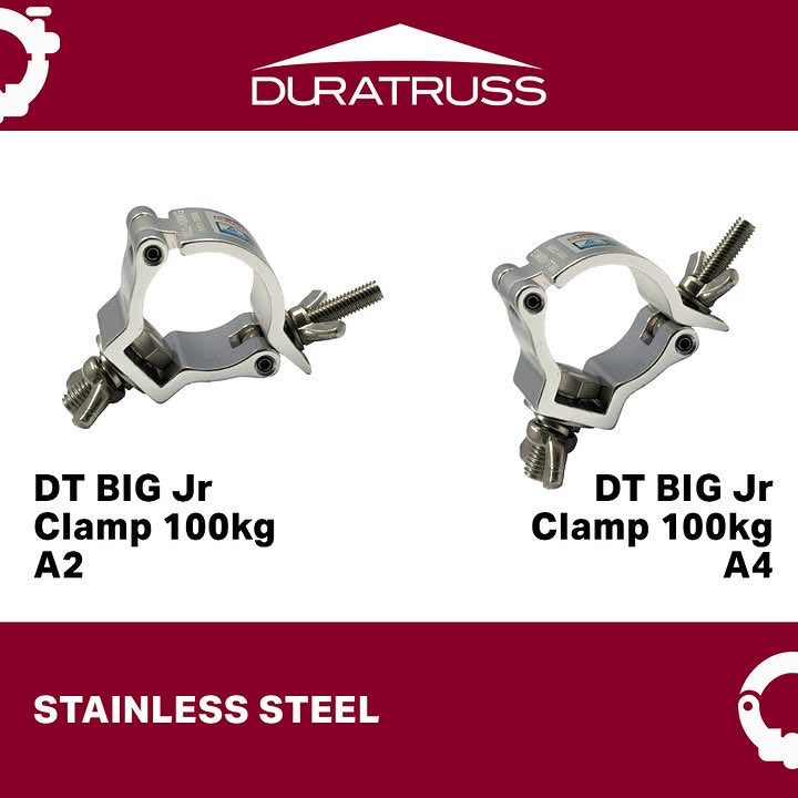 puremindsuae's tweet photo. We’re expanding our clamp range with stainless steel options in both A2 and A4 maritime grade, designed for the harshest environments:

· Perfect for:
 🚢· Cruise ships
 ⛴️· Shipyards
 🏖️· Beach clubs
 🏊· Indoor swimming pools
 · Any outdoor or high-humidity application

Available models include:

· DT PRO Selflock Clamp 500kg A4 (Silver/Black)
· DT PRO Narrow Clamp 500kg A4 (Silver/Black)
· DT PRO Clamp 500kg in A2 (Silver) & A4 (Silver/Black)
· DT BIG PRO Clamp 750kg A4 (Silver/Black)
· DT Jr Clamp 75kg A2 (Silver)
· DT BIG Jr Clamp 100kg in A2 & A4
· DT Mini 360 Clamp 100kg in A2 & A4

Whether you’re installing lighting in a salty breeze or rigging above a chlorinated pool, Duratruss stainless steel clamps give you the corrosion resistance and load capacity you need – with no compromise.

To know more about Duratruss products contact us at +971521424673

#Duratruss #RiggingHardware #StainlessSteelClamp #A4Clamp #A2Clamp