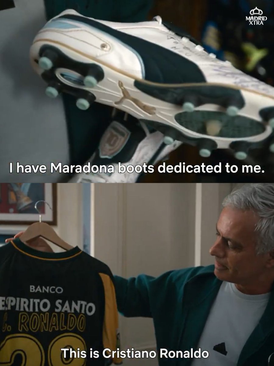 MadridXtra's tweet photo. 🗣️ Jose Mourinho: "I have Diego Maradona's boots dedicated to me. 

I have Cristiano Ronaldo's Sporting shirt in his first professional season.

This is my little box. They mean a lot to me." https://t.co/qVAwHo9HpS