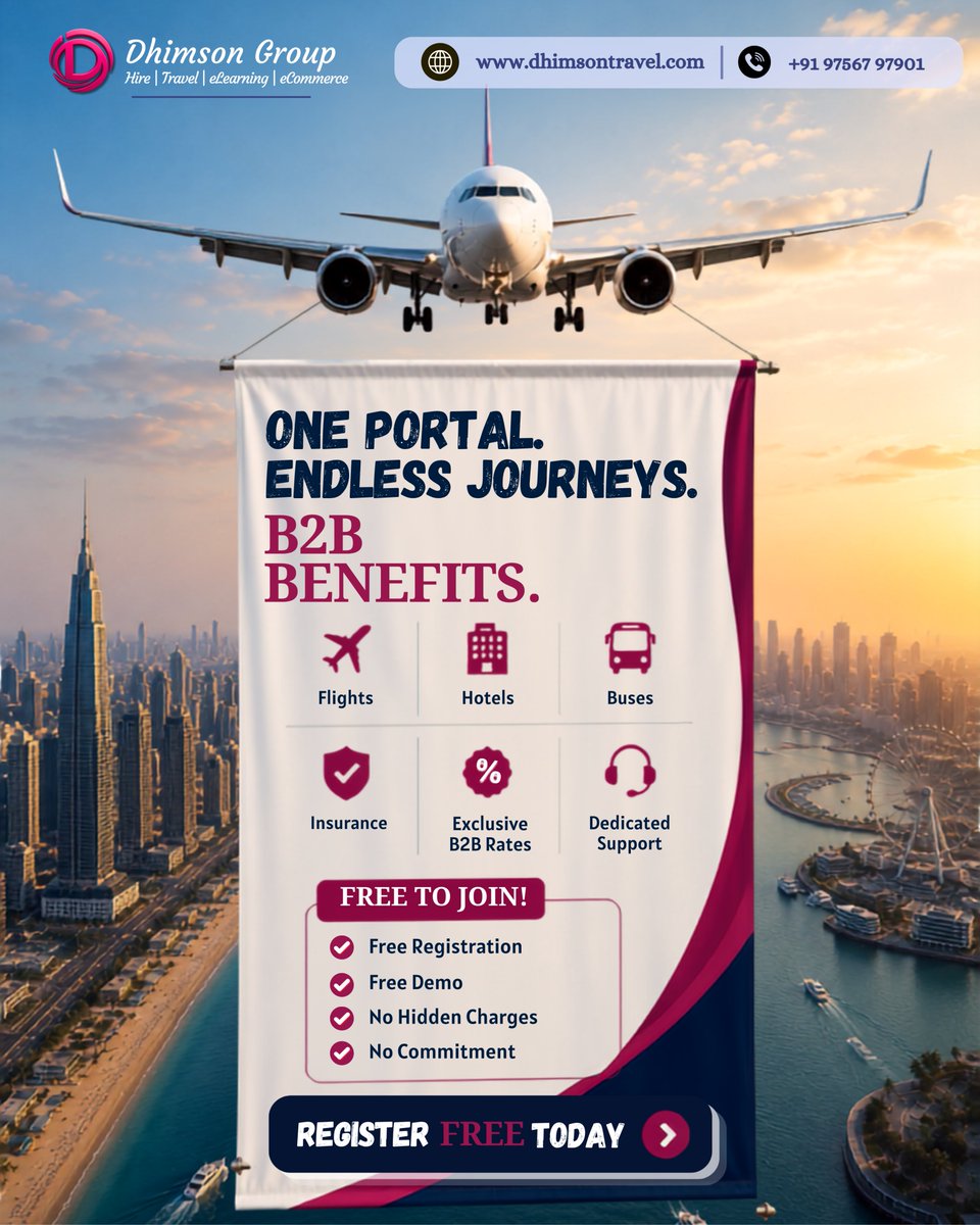DhimsonT52064's tweet photo. Zero fees. Infinite bookings. One portal. 
✅ Free Registration · ✅ Free Demo · ✅ No Hidden Charges
Travel agents &amp; corporates — this one's for you. 👇
👉 Register Free → https://t.co/q1oNaU6yB3
📞 +91 97567 97901
#DhimsonTravel #FreeRegistration #B2BTravelPortal #TravelAgents https://t.co/eR2GYDqehm