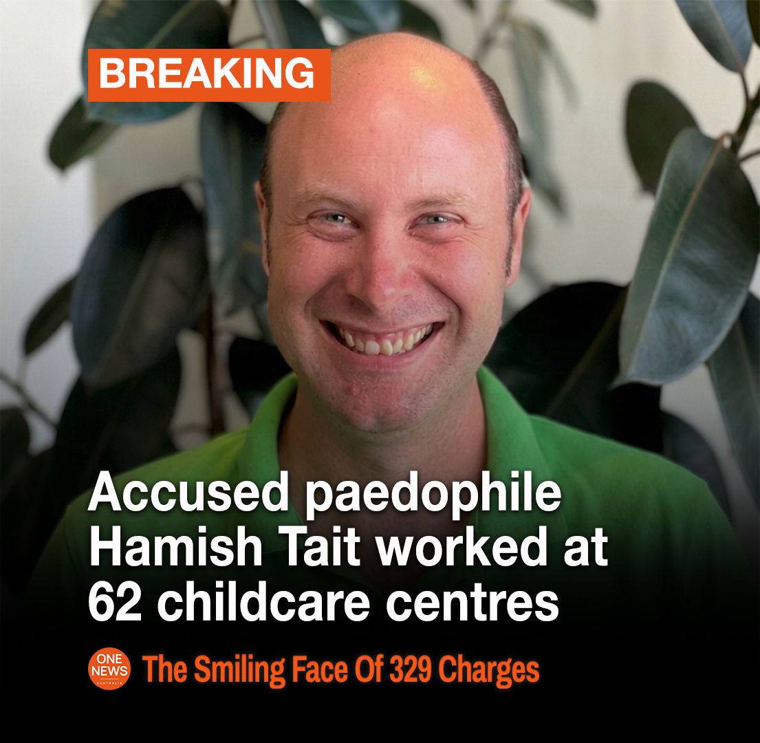 OneNewsAu's tweet photo. 🟠 #BREAKING PAEDOPHILE NAMED: HAMISH TAIT IS THE SYDNEY CHILDCARE WORKER FACING 329 CHILD ABUSE CHARGES 🟠

A court discontinued the year long gag order on Monday. Hamish Alexander Edward Tait, 35, of Glossodia, can finally be named.

The AFP alleges:

* 136 victims across 16 years of offending
* Abuse at four Fit Kidz centres and his own Wild Earthlings business
* He worked at or attended 62 early childhood facilities in total

Investigators analysed 2.4 million electronic files. 121 families have been contacted, some overseas.

Tait has been remanded in custody since July 2025. A website listing every centre he worked at opens for parents at 7am Tuesday.

For more details and help, read the full story here: https://t.co/3YuYJEVhGT

Anyone needing support can contact:
1800 RESPECT (1800 737 732), 
National Sexual Abuse and Redress Support Service 1800 211 028, Lifeline 13 11 14
Kids Helpline 1800 55 1800