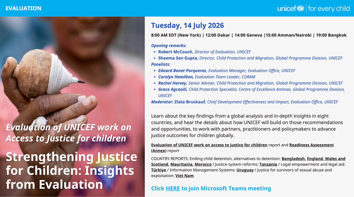 unicefprotects's tweet photo. Strengthening justice for children starts with learning what works.

Join us tomorrow, 14 July, to discuss the findings of the Evaluation of UNICEF's Work on Access to Justice for Children and explore opportunities to strengthen implementation.

🔗https://t.co/CriEeWj8T7 https://t.co/7heIKYnCzY