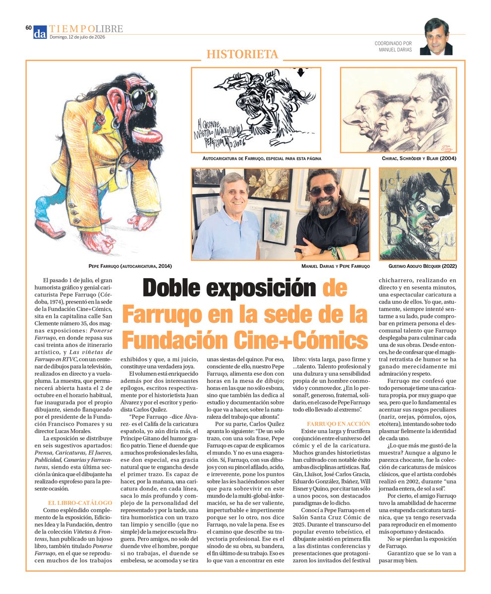 PepeFarruqo's tweet photo. El Tarzán del periodismo cultural, Manolo Darias, me dedica estas tremendas líneas en el @diariodeavisos de este finde. Léanlas, que servidora no está acostumbrada a ser tan bien piropeada. Grasia, maestro! https://t.co/3Iblcw6prI
