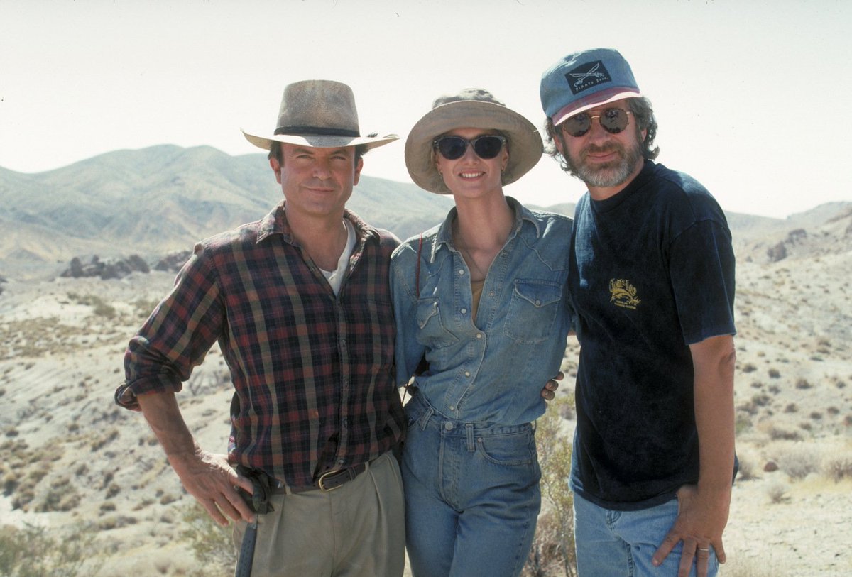 remnantsofpast's tweet photo. Sam Neill, Laura Dern and Steven Spielberg on the set of Jurassic Park, 1993