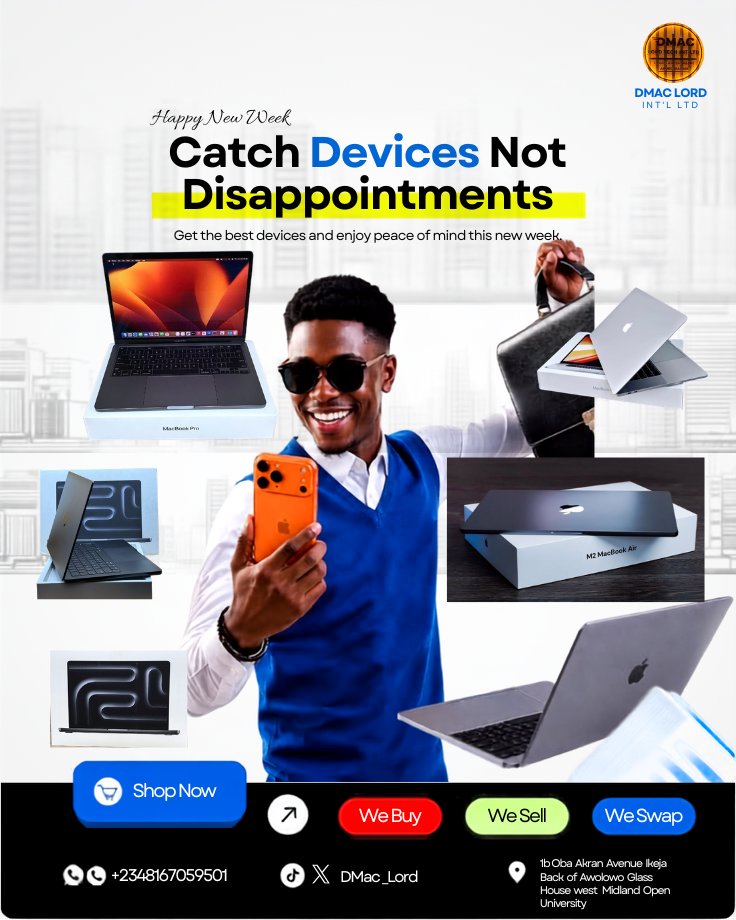 D_mac_lord's tweet photo. New week. Fresh goals.
Don't let an outdated device slow you down.
At DMac Lord Int'l Ltd, we help you buy, sell, and swap premium devices with confidence.
Ikeja, Lagos
๐ +234 816 705 9501
What's the first thing you'll accomplish this week?
#NewWeek #DMacLord #Tech https://t.co/ifsi2DOWZZ