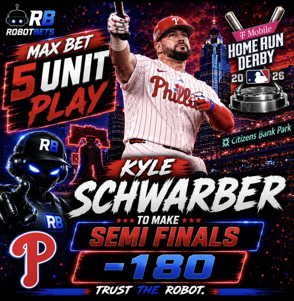 RobotBets's tweet photo. 🤖 RARE MAX BET.

🏆 Kyle Schwarber to make the Home Run Derby semifinals (-180)

⭐️ 5 Units

The juice is worth it. Trust the robot. 🔥 https://t.co/Pb39GVYZCB